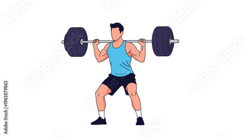 Strong man in a blue tank top performing a heavy barbell back squat in a gym setting for bodybuilding and strength training.