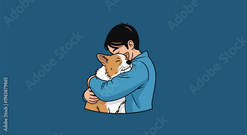 A person in a blue shirt lovingly embraces a corgi dog, both eyes closed