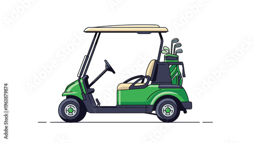 Side view of a green and black electric golf cart loaded with a bag of golf clubs for a round of sport on the course.