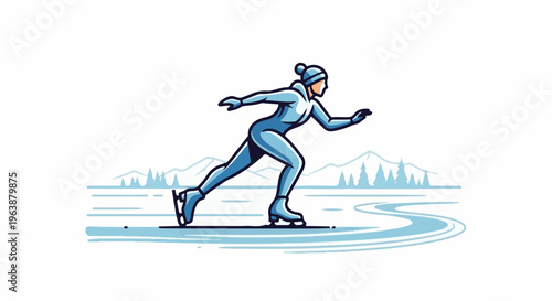 A person in a blue speed skating suit glides on an icy track in a snowy landscape