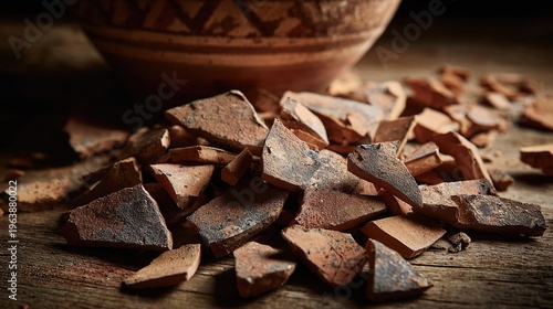 permanence. Shattered terracotta pot fragments on rustic wooden table, dramatic shadows. lifestyle magazines, social media lookbooks, designed for influencer and brand collaborations.