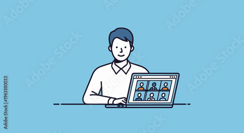 A person participates in a virtual meeting on a laptop with several attendees