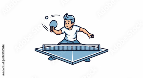 A person playing table tennis with a blue paddle and ball