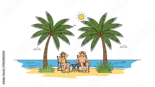 Man and woman in swimwear and hats relaxing on deck chairs under palm trees at a sunny tropical beach by the blue ocean.