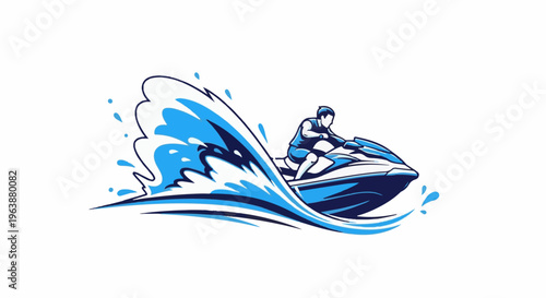 A person rides a jet ski through a splashing wave