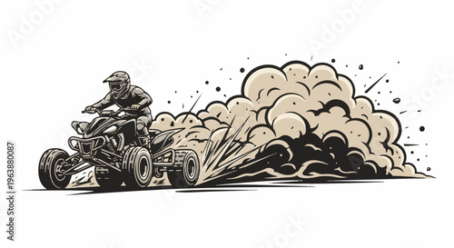 A person on an all-terrain vehicle kicking up a large cloud of dust