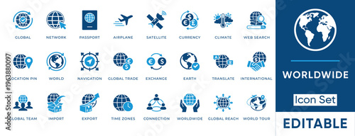 Worldwide icon set. Earth, international, global, world, network, sphere and globe. Solid vector icons collection.
