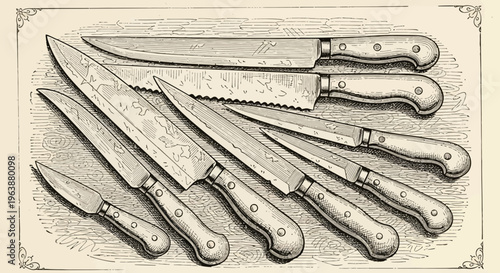 Vintage Illustration of Assorted Kitchen Knives Set