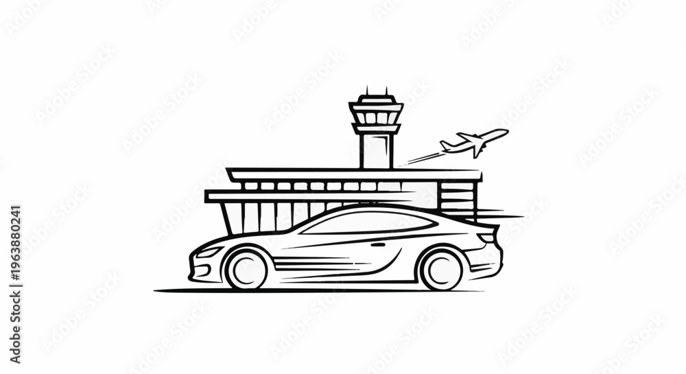 Fototapeta premium Car at airport with plane taking off