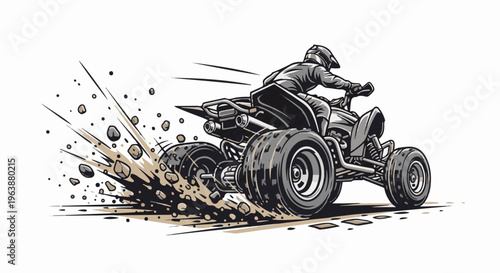 A person rides an all-terrain vehicle kicking up dirt and rocks