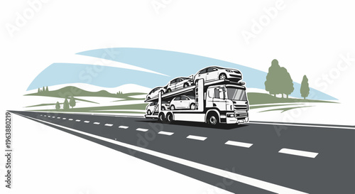 Car carrier truck transporting vehicles on a highway through a rural landscape