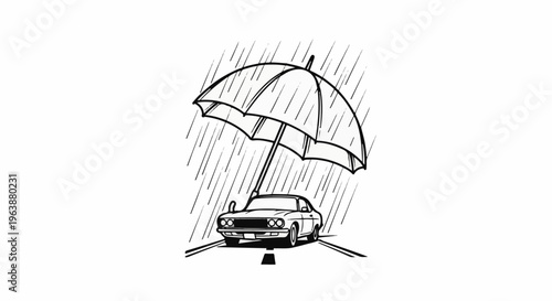 Car shielded by a large umbrella from heavy rain on a road
