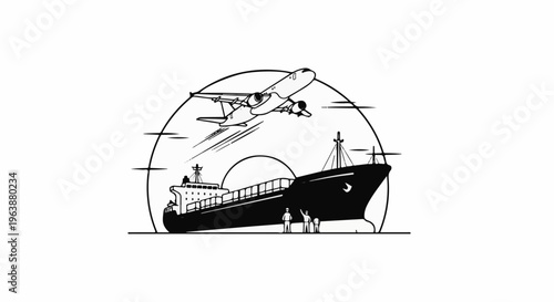 Cargo plane flies over ship with crew loading, sun behind