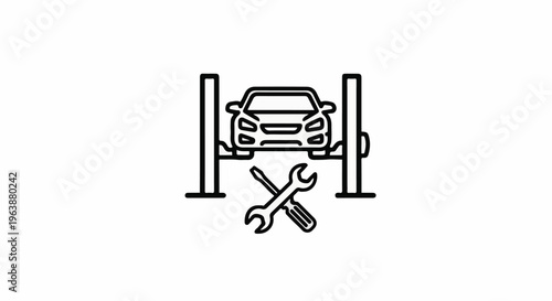 Car on lift with tools for repair or maintenance