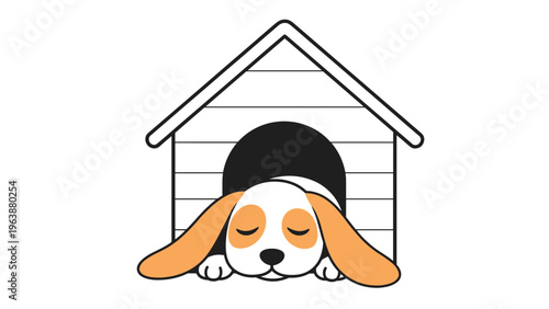 Adorable beagle puppy sleeping peacefully inside its white wooden doghouse with its long ears splayed out on the ground.