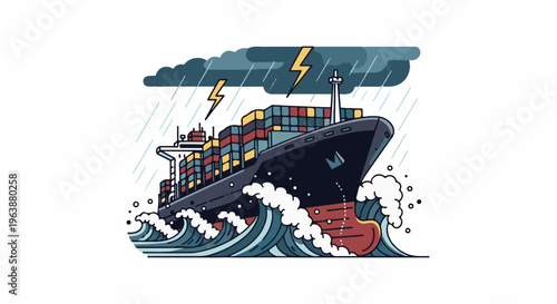Cargo ship navigating rough seas with lightning and rain