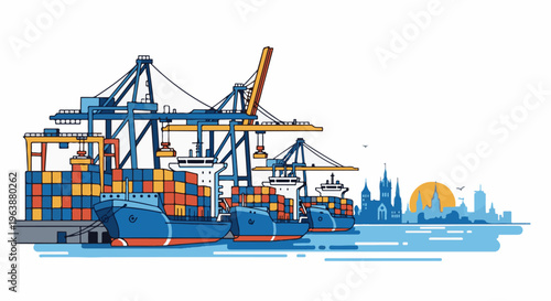 Cargo ships and cranes at a busy port with a city skyline in the background