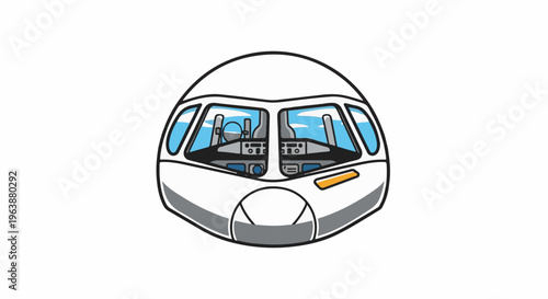 Cartoon airplane cockpit with controls and sky view