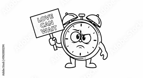 Cartoon alarm clock with angry face holds sign saying "LOVE CAN WAIT