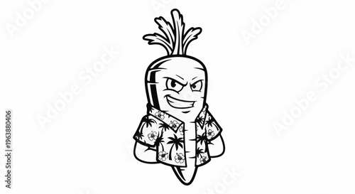 Cartoon carrot in tropical shirt with arms crossed and grin
