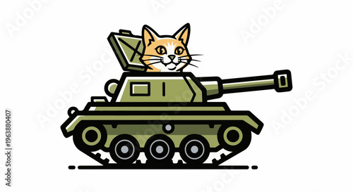 Cartoon cat peeking from the turret of a military tank