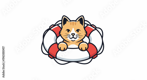 Cartoon cat peeking through a life preserver ring