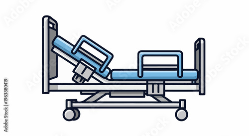 Blue hospital bed with adjustable back and feet on wheels