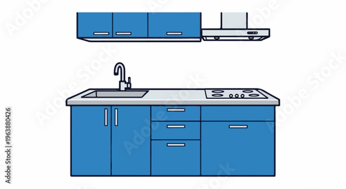Blue kitchen cabinets with sink, stove, and hood