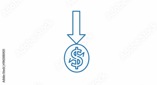 Blue outline arrow pointing down to a dollar coin icon on a white background