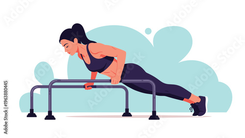 Strong woman in black workout gear performing push-ups on parallel bars against a stylized blue cloud background.