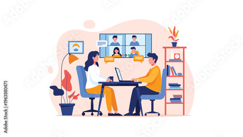 Professional business meeting showing a man and woman at a desk having a video conference with multiple participants on a screen.