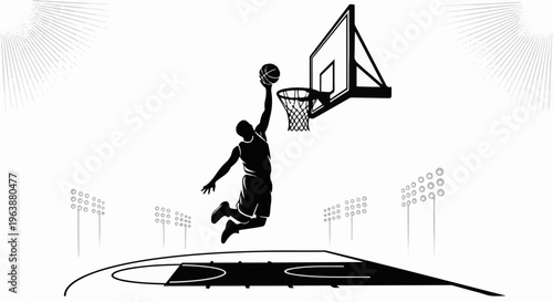 Black silhouette of a basketball player dunking on a court with stadium lights