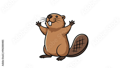 Happy brown beaver standing on its hind legs with arms raised and a large paddle-shaped tail, smiling in a cartoon style.
