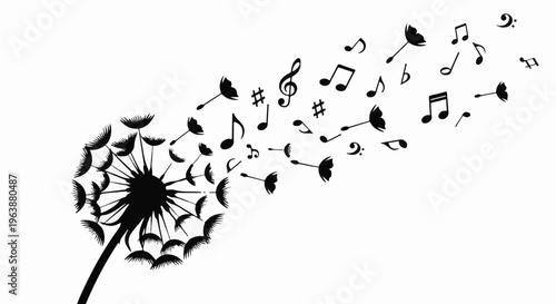 Black silhouette of a dandelion with seeds transforming into musical notes flying away