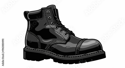 Black polished leather boot with laces and thick lug sole