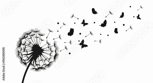 Black silhouette of a dandelion with seeds and butterflies blowing away