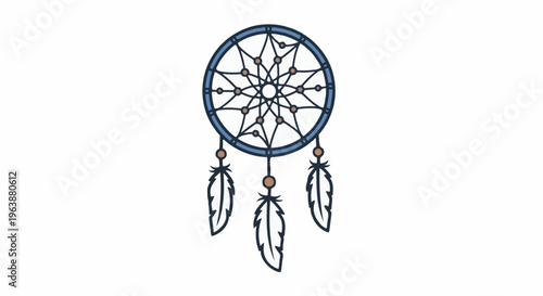 Blue and brown dreamcatcher with three feathers and decorative beads