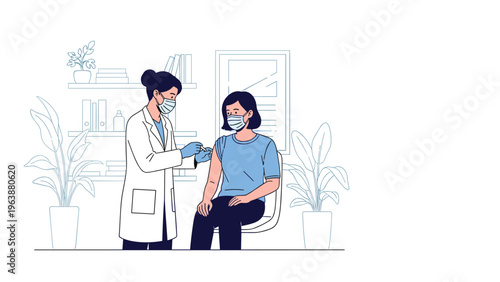 Female doctor in a mask and white coat administering a vaccine to a seated patient in a medical office setting.