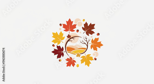 Autumnal circular design with colorful leaves and a landscape scene