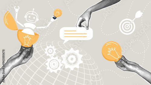 Innovation, artificial intelligence, and global business development strategy. Trendy halftone collage. Human hands holding a light bulb and a robot with a gear against a globe. Creative concept for a