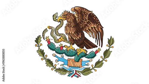 Detailed emblem featuring an eagle perched on a cactus eating a snake, a traditional symbol with rich cultural and historical significance.