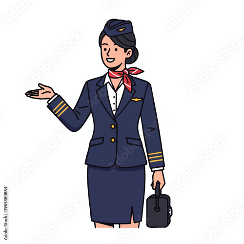 Woman in uniform with a scarf, gesturing, holding a suitcase