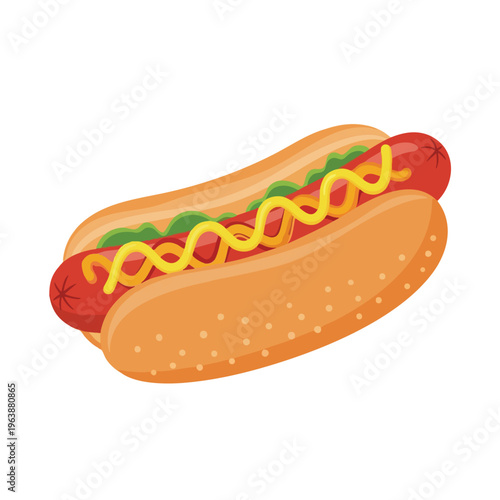 A bright, cartoon-style illustration of a hot dog in a bun, topped with mustard and relish