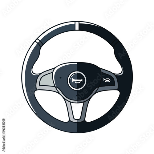 A modern car steering wheel with horn and cruise control buttons