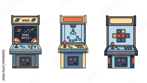 Row of three colorful retro arcade game machines, including one with a claw and two with joysticks and buttons for gaming.