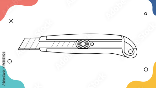 Simple black and white line drawing of a utility knife on a background with colorful abstract shapes in the corners.