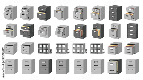Grid of various gray filing cabinets in different states of being open or closed, with some containing folders and binders.