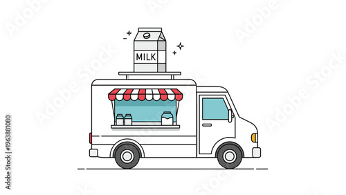 Clean line drawing of a white milk delivery truck with a large milk carton on the roof and products visible in the side window.
