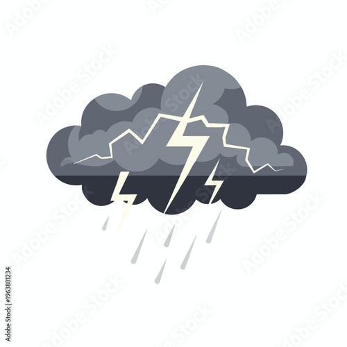 Gray storm cloud with yellow lightning strikes and falling raindrops