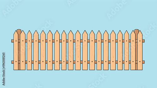 Traditional wooden picket fence illustration set against a light blue sky background for suburban home and garden themes.